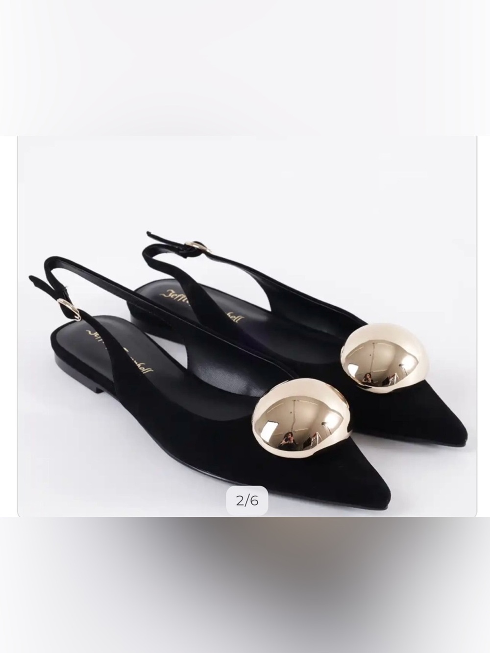 Jeffrey Campbell Black Suede Pointed Slingback Flats, Gold Pebble Detail, NWT. 6